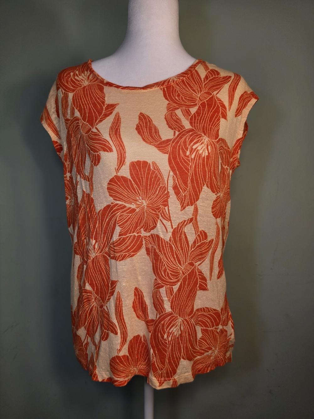 Tahari Linen Orange Floral Cap-Sleeve Women's Blouse on Cream Base